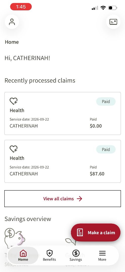 The app's home screen, showing recently processed claims, savings overview, and a persistent Make a Claim button
