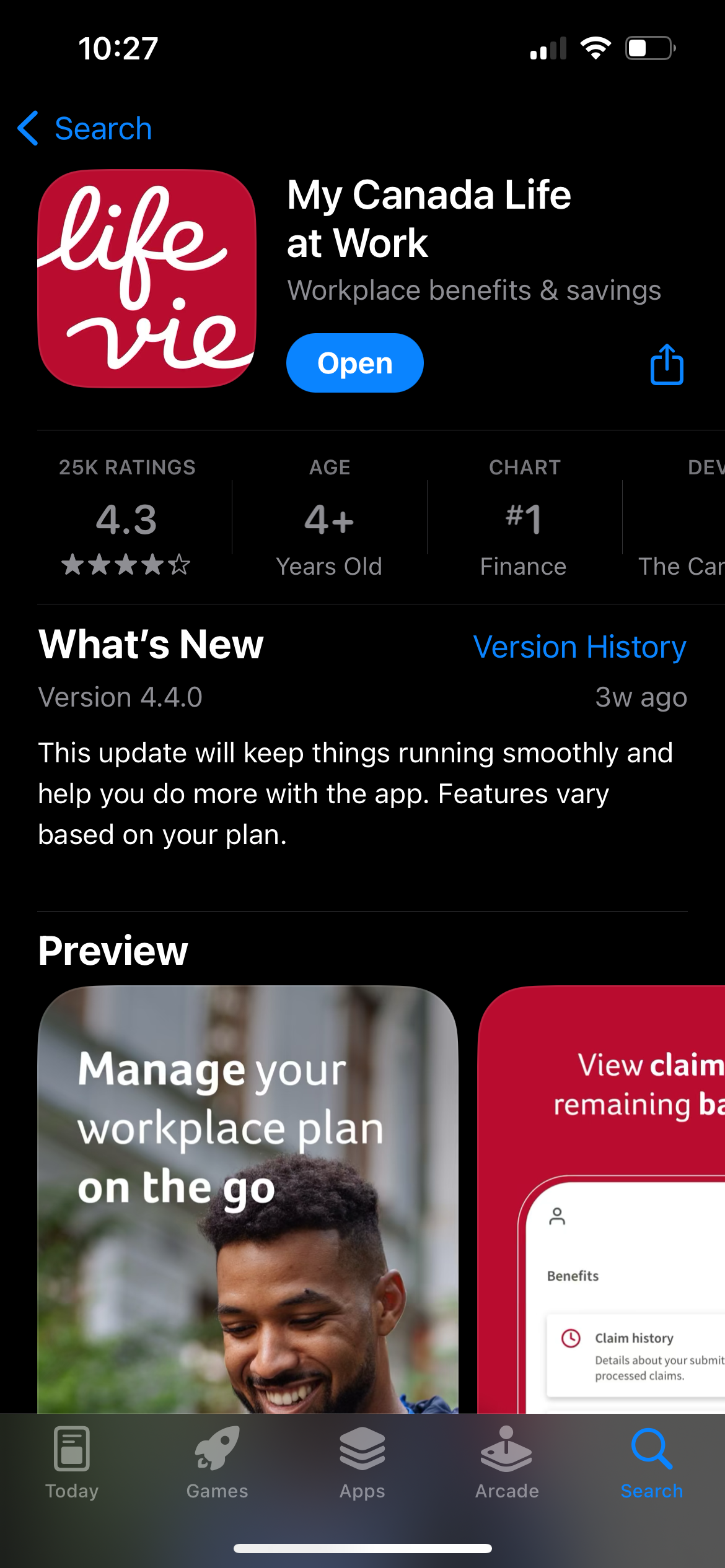 My Canada Life at Work's App Store listing, rated 4.3 with 25K ratings