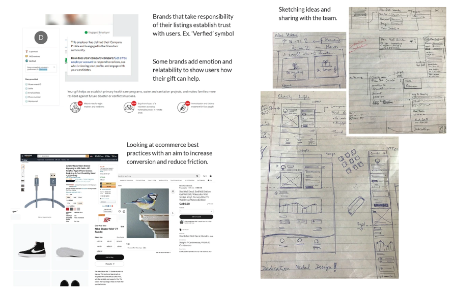Competitive research into verified badges, emotional storytelling, and ecommerce checkout patterns, alongside hand-drawn wireframe sketches