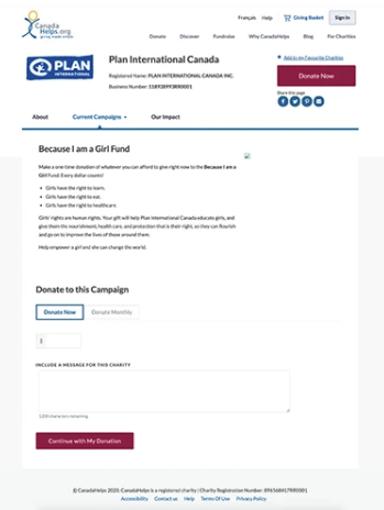 The previous Plan International Canada charity profile on CanadaHelps