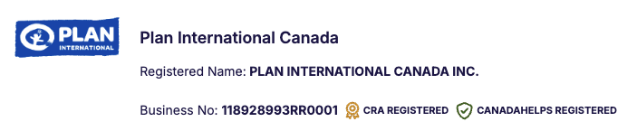 Plan International Canada's registered name, business number, CRA Registered badge, and CanadaHelps Registered badge