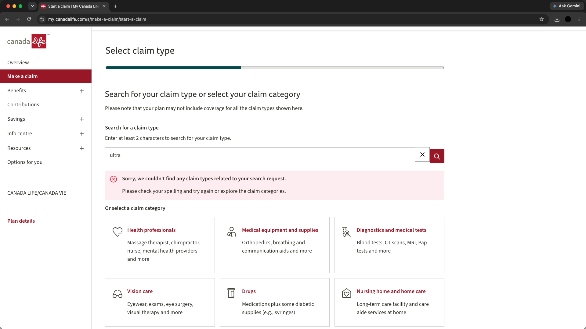 A genuine no-match search state, with a clear message and the category list still available