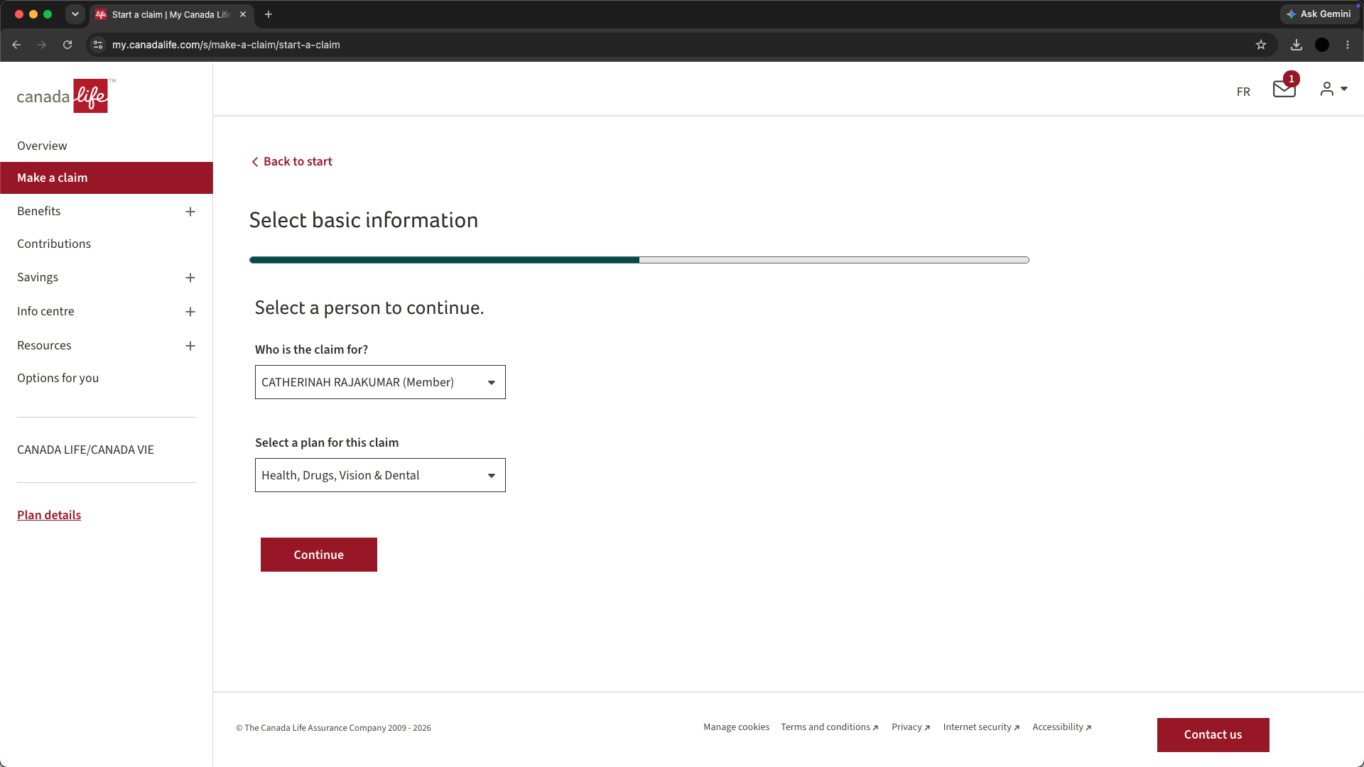 The live first step of the claims journey: who the claim is for, and which plan it falls under
