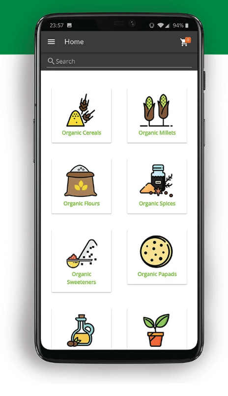 The MIRI app storefront, organized around everyday organic staples